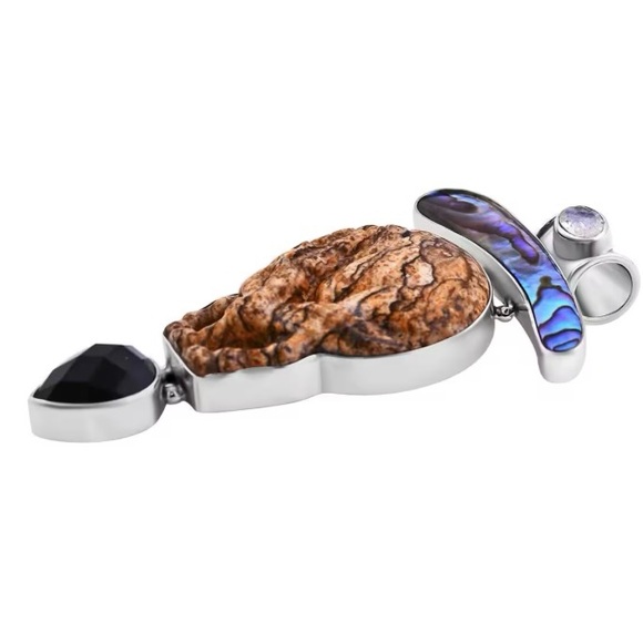 NWT Sajen Silver Picture Jasper Skull/Alien Pendant w/Multi-Gemstones in .925 - Picture 3 of 8